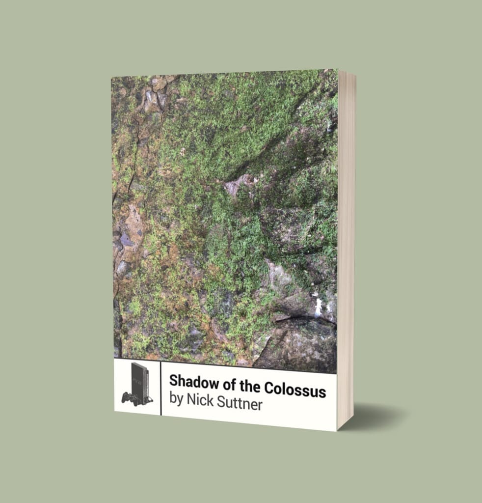 A render shows the cover of Boss Fight Books' Shadow of the Colossus book, with what appears to be a giant footstep on it.