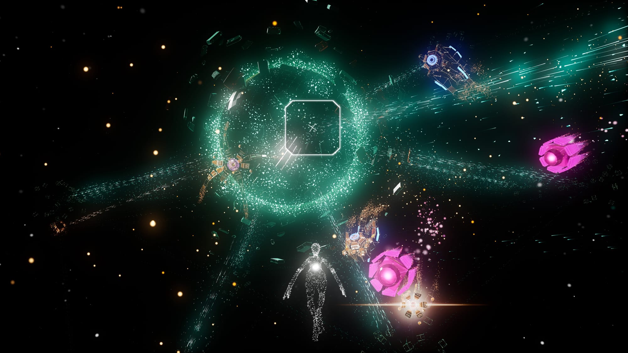 A screenshot from Rez Infinite's Area X stage shows the player floating in a dark environment and aiming their reticule at a glowing sphere in front of them.