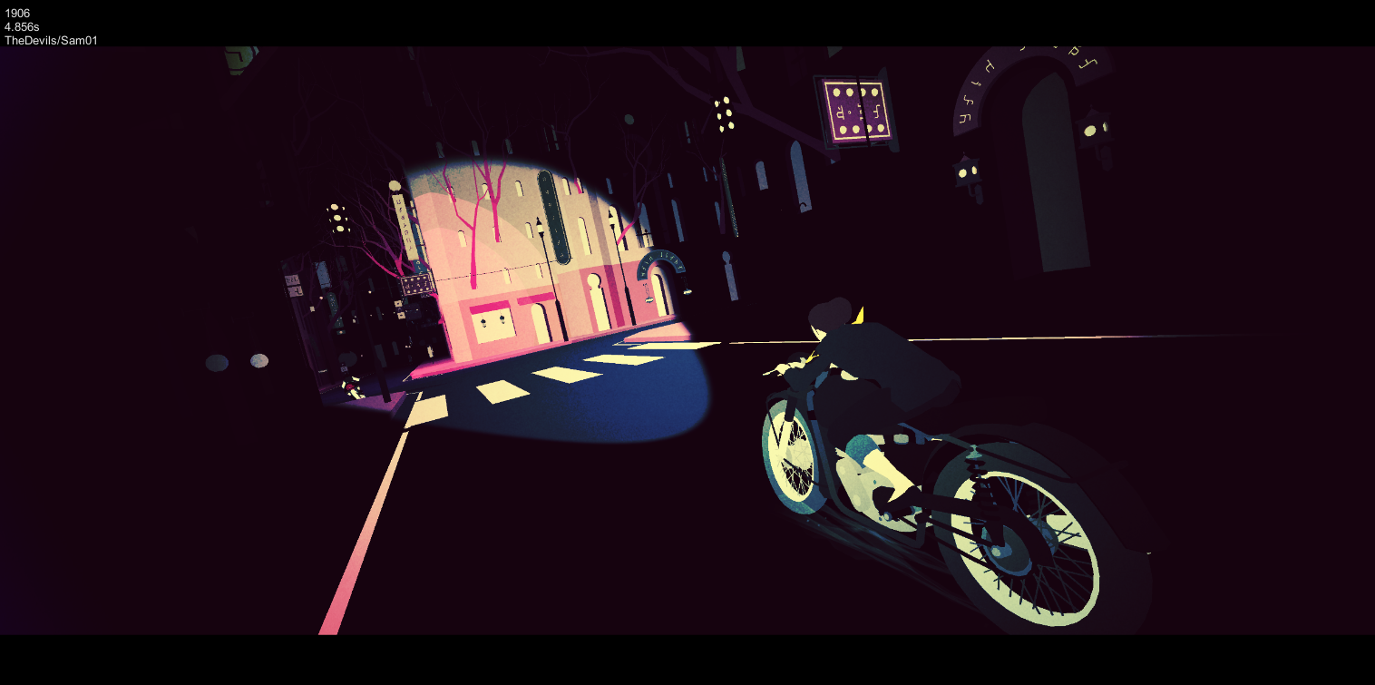 An in-development screenshot from Sayonara Wild Hearts shows the player riding a motorcycle at night with bright headlights showing the way forward.