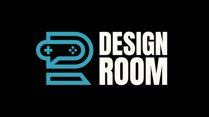 A large version of the Design Room logo, showing a game controller that looks like a speech bubble, sits on a black background.