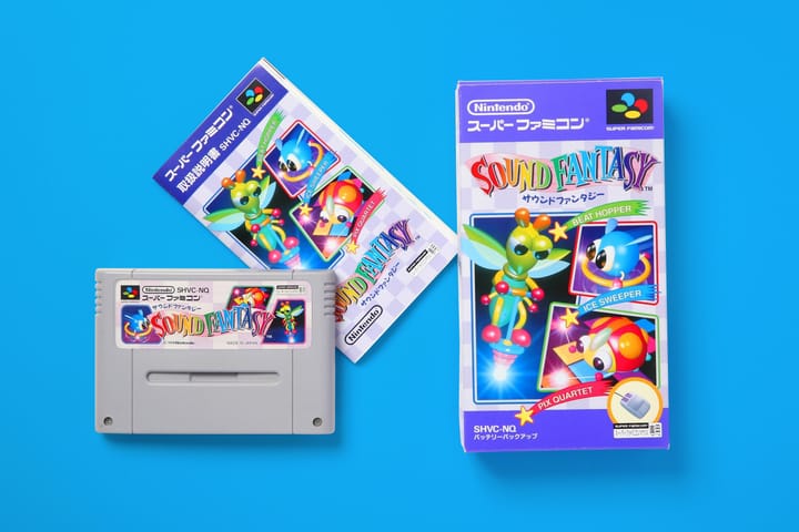 A photo shows a Sound Fantasy Super Famicom cartridge, manual, and box on a blue background.
