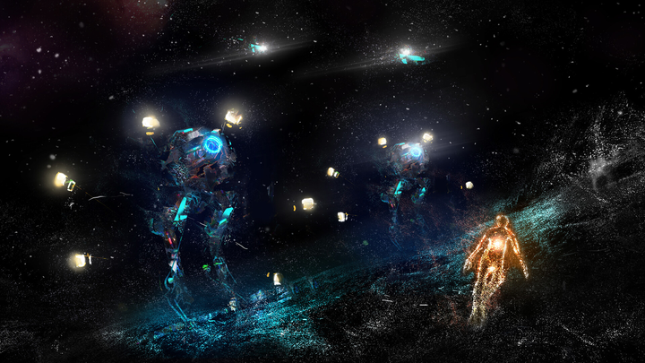 A piece of concept art for Rez Infinite's Area X stage shows a character made of glowing yellow particles floating while two giant robots are visible in the distance.