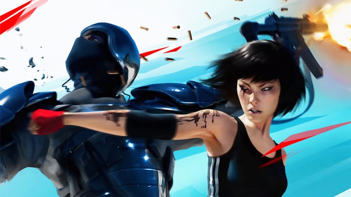 Official Mirror's Edge artwork shows main character Faith punching an armed enemy.